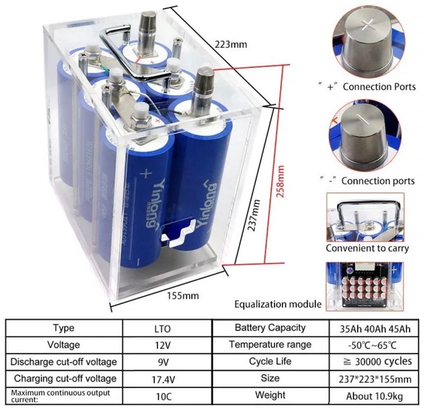 Yinlong 12V 30-45Ah LTO Battery Pack (Grade A) - Lithium Titanate for Car Audio, Solar Storage, EV, RV - Customizable Capacity