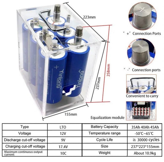 Yinlong  12V 30-45Ah LTO Battery Pack (Grade A) - Lithium Titanate for Car Audio, Solar Storage, EV, RV - Customizable Capacity